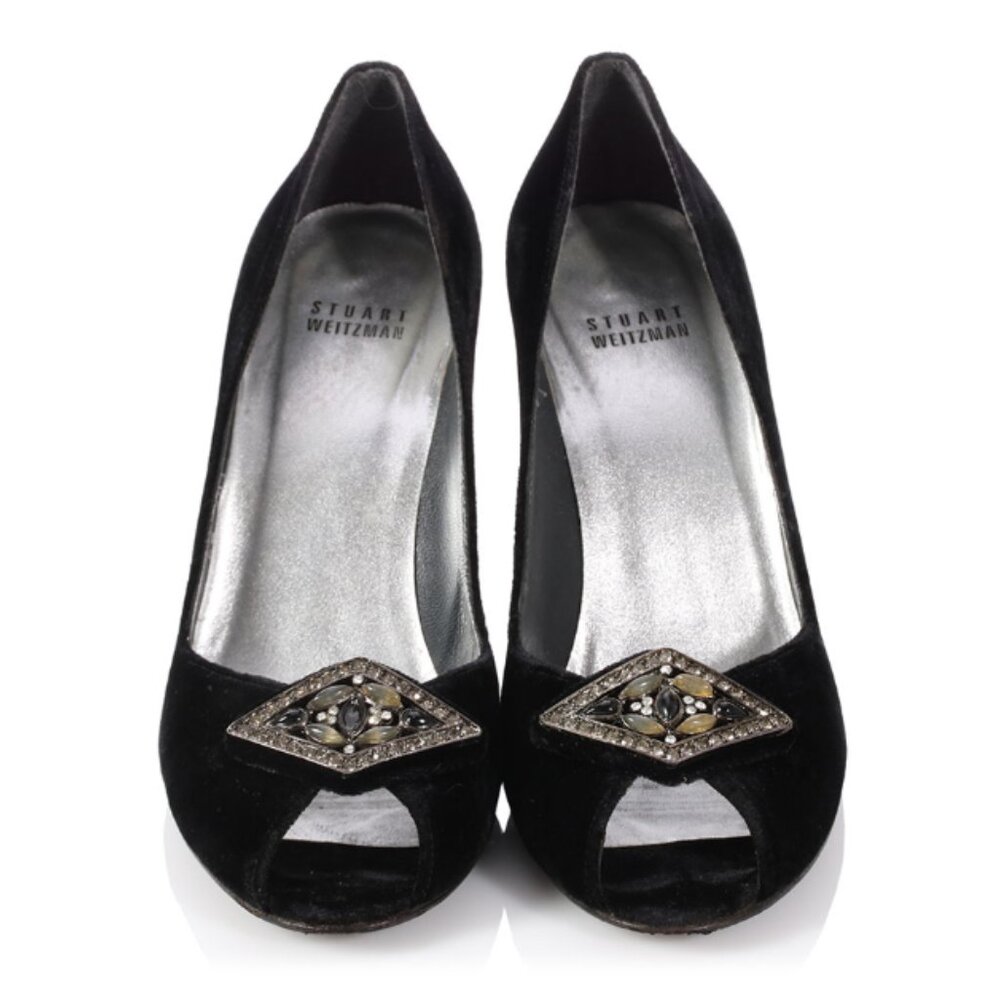 Stuart Weitzman Black Velvet Gemstone Peep Toe Heels